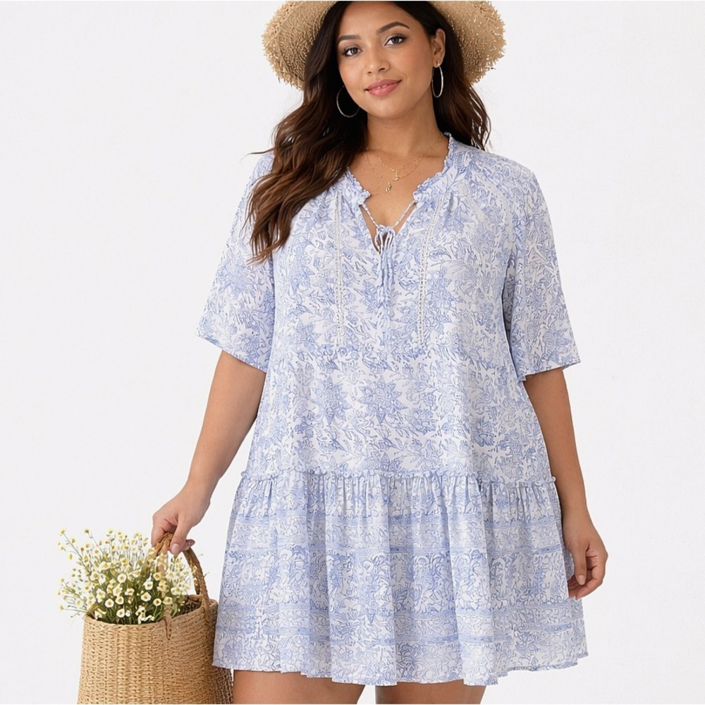 WONDERLY Size 3X Blue Floral Paisley Porcelain 100% Rayon Mini Dress Cottagecore